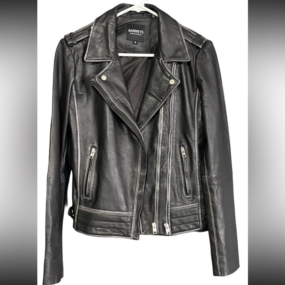 Barneys New York Classic Black Leather Jacket motorcycle Sz 8